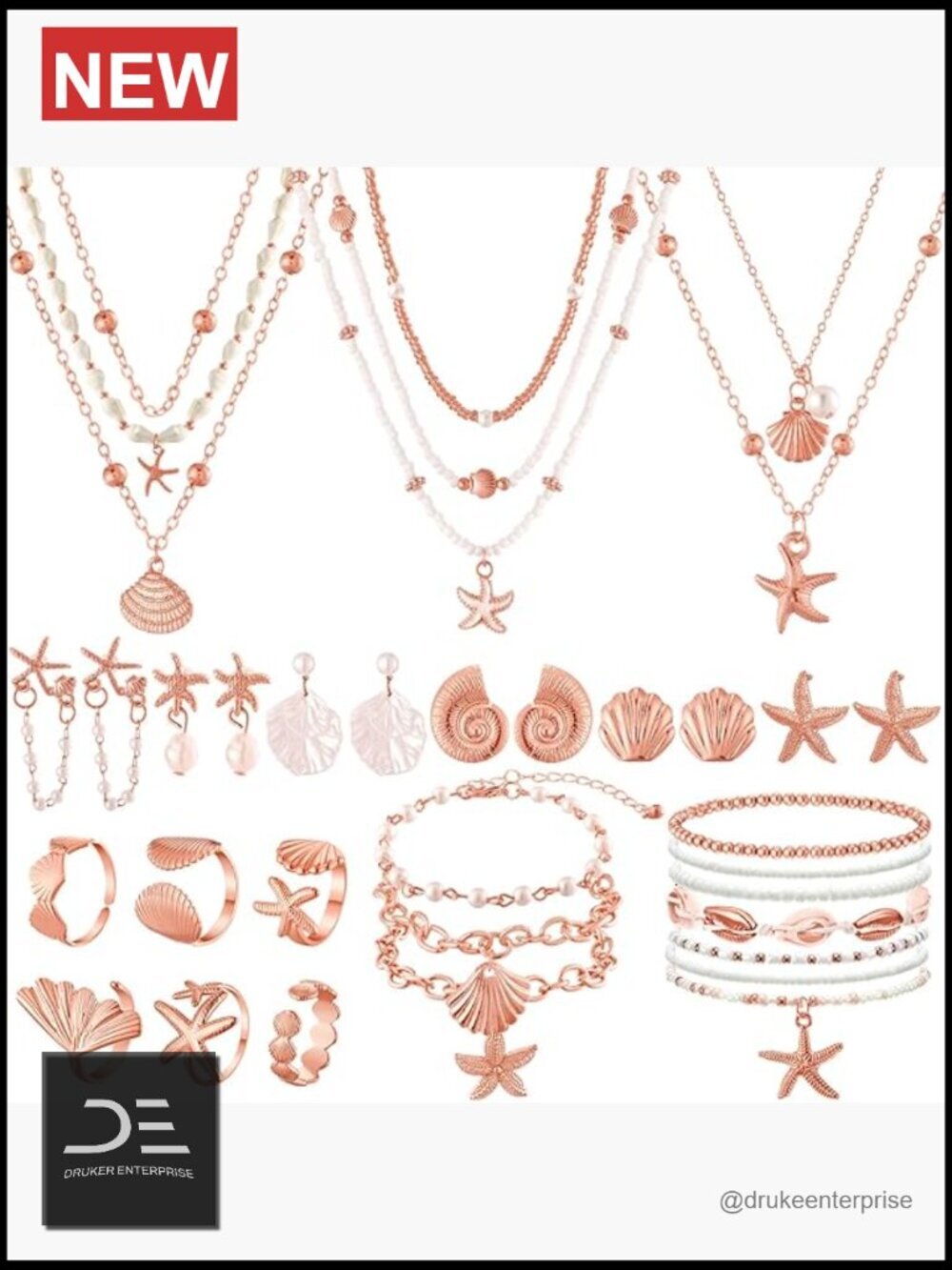 23 Pcs Seashell Starfish Jewelry Set Boho Summer Beach Mermaid Layered Charm
